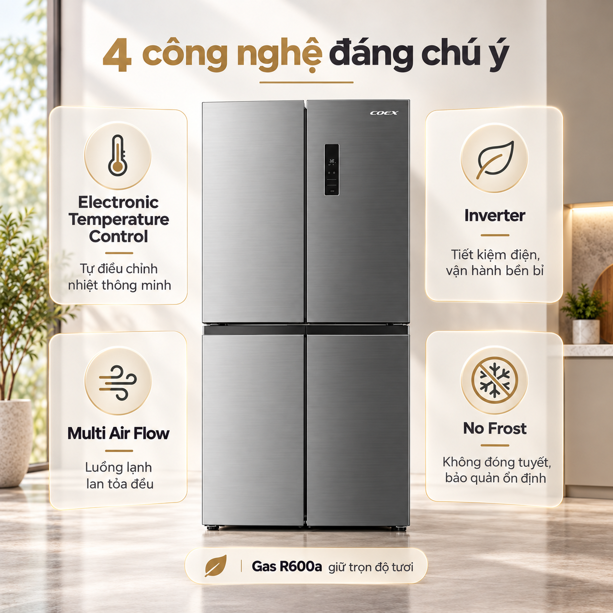 Tủ lạnh Coex Inverter 362 lít 4 cửa RM-4007MIS (Inox Bạc)