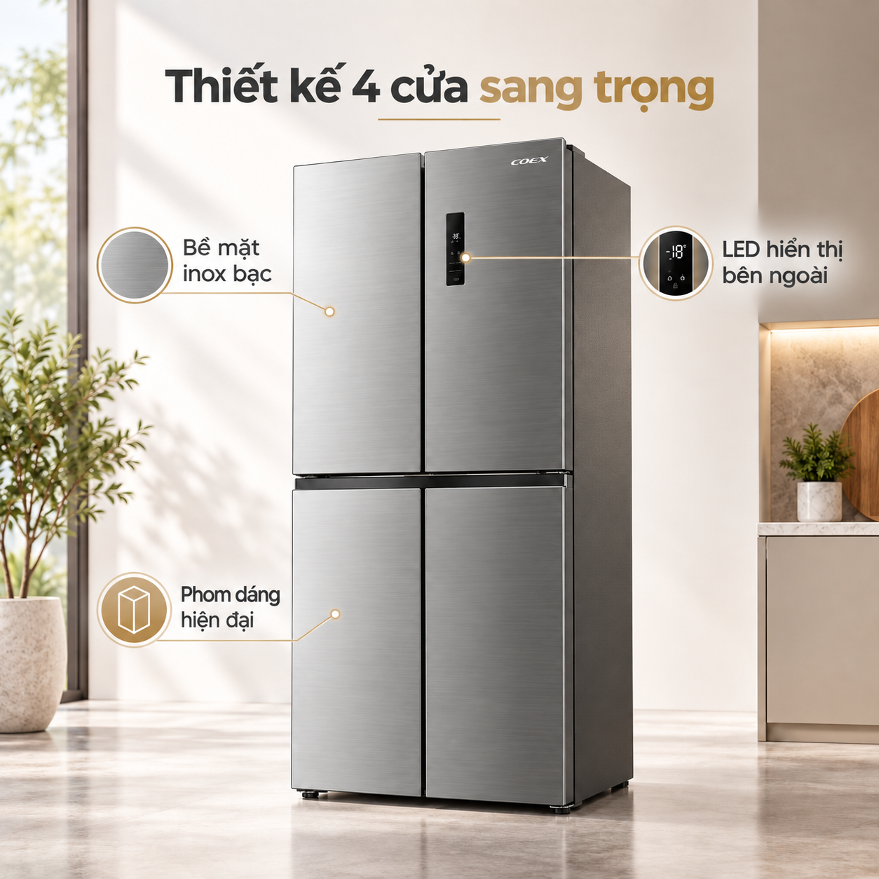 Tủ lạnh Coex Inverter 362 lít 4 cửa RM-4007MIS (Inox Bạc)