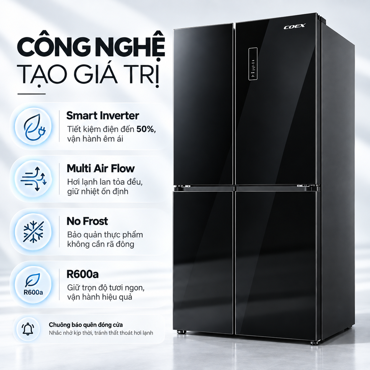 Tủ lạnh Coex Inverter 415 lít 4 cửa RM-4009MGBB-BS (Mặt Gương Đen - Đông mềm)