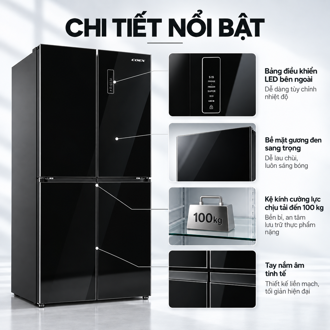 Tủ lạnh Coex Inverter 415 lít 4 cửa RM-4009MGBB-BS (Mặt Gương Đen - Đông mềm)
