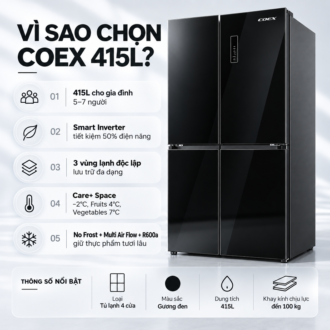 Tủ lạnh Coex Inverter 415 lít 4 cửa RM-4009MGBB-BS (Mặt Gương Đen - Đông mềm)
