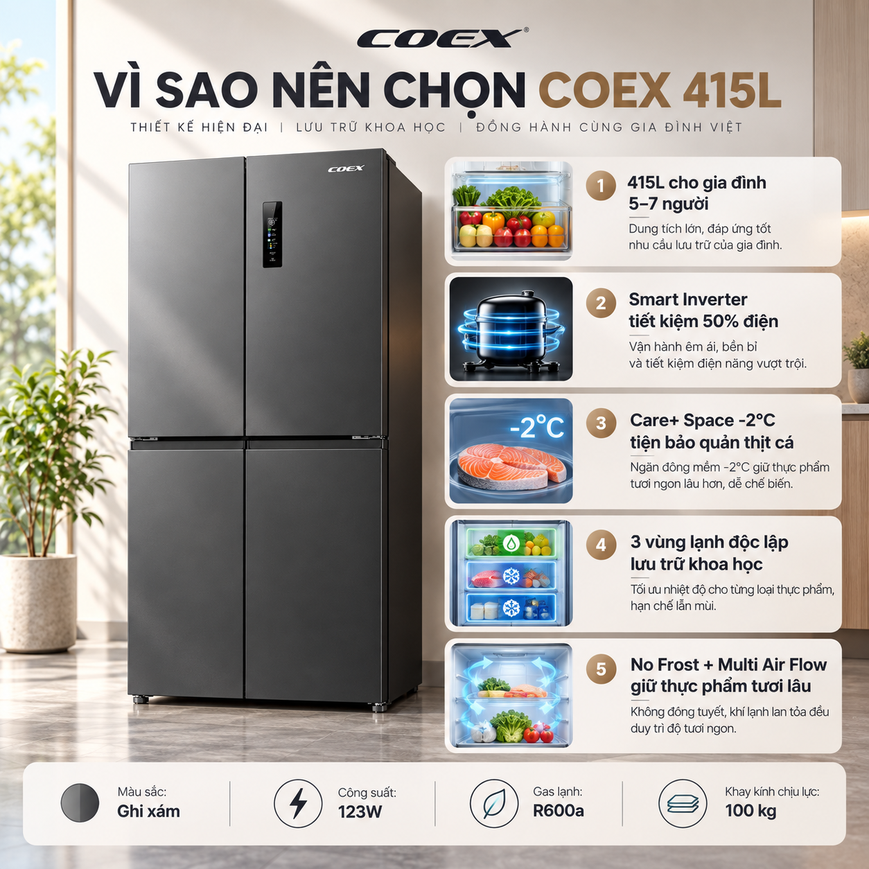 Tủ lạnh Coex Inverter 415 lít 4 cửa RM-4014MIS (Ghi Xám - Đông mềm)