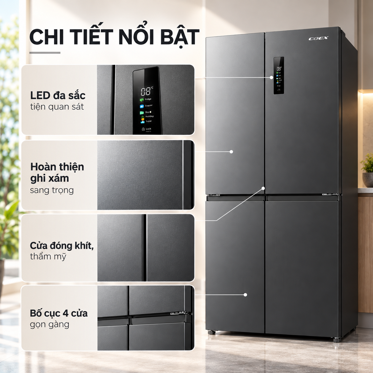 Tủ lạnh Coex Inverter 415 lít 4 cửa RM-4014MIS (Ghi Xám - Đông mềm)