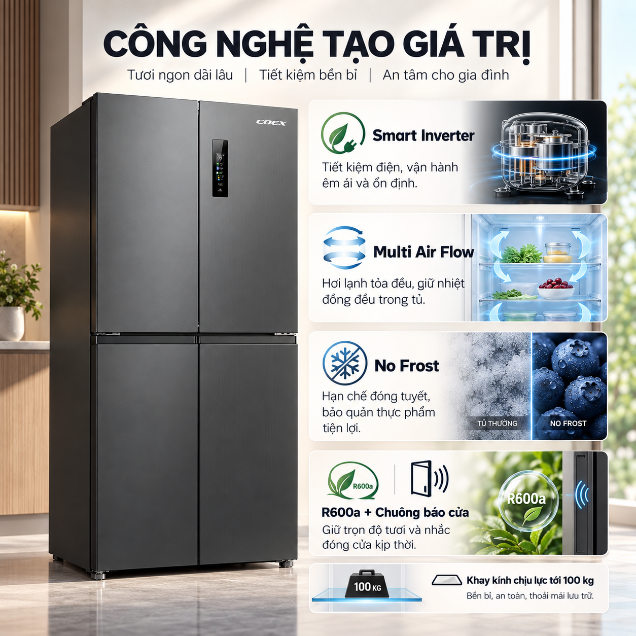 Tủ lạnh Coex Inverter 415 lít 4 cửa RM-4014MIS (Ghi Xám - Đông mềm)