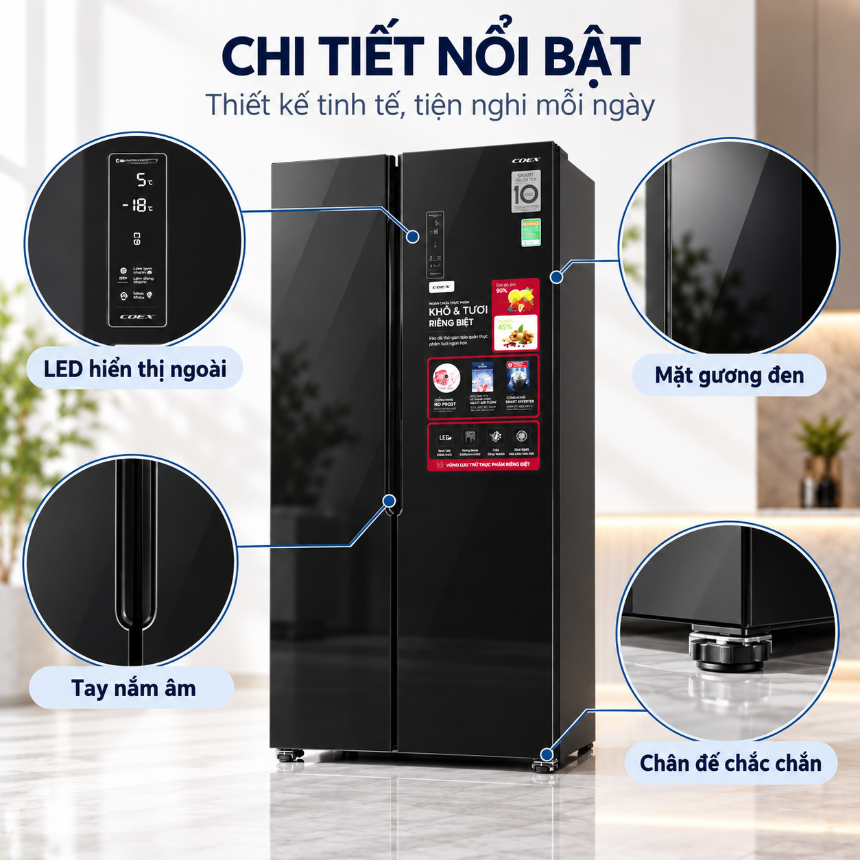 Tủ lạnh Coex Inverter 442 lít Side By Side RS-4005MGB (Mặt Gương Đen)