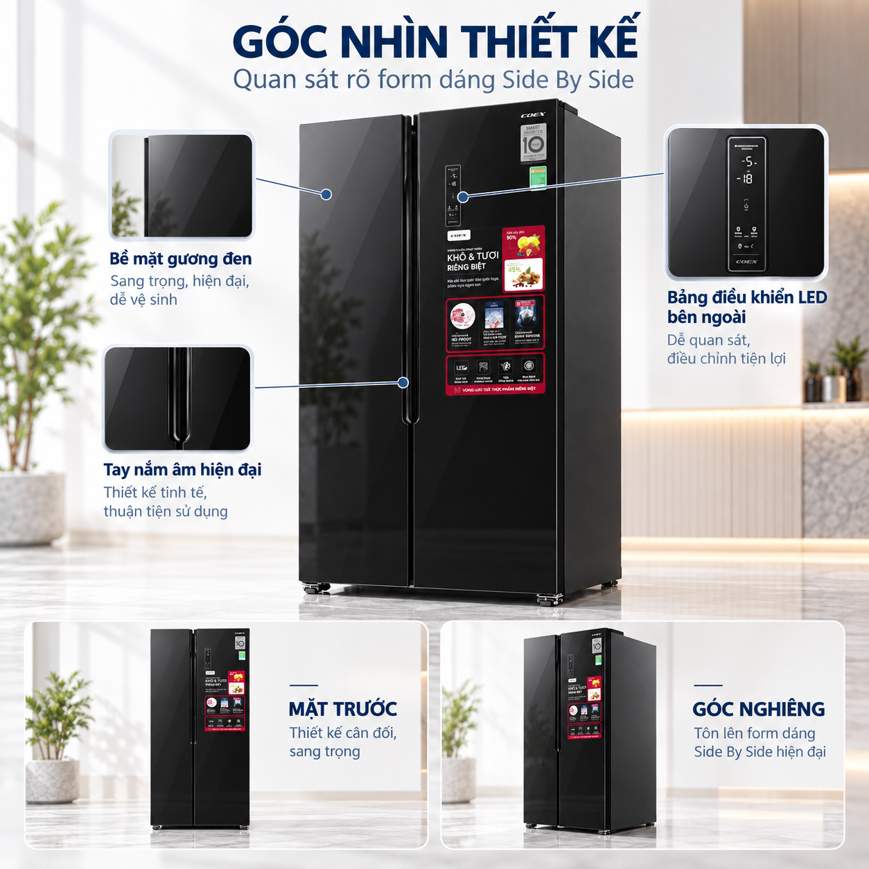 Tủ lạnh Coex Inverter 442 lít Side By Side RS-4005MGB (Mặt Gương Đen)