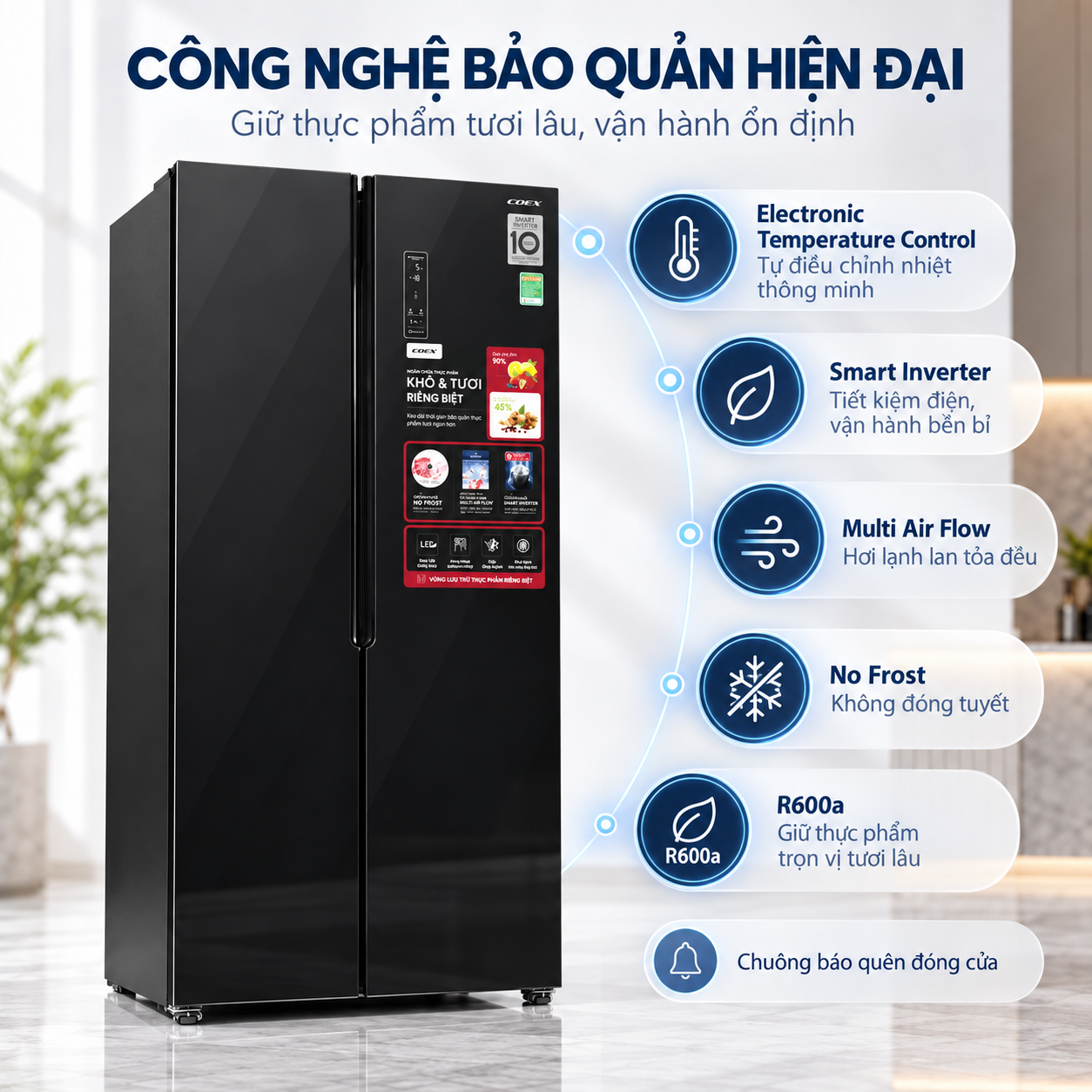 Tủ lạnh Coex Inverter 442 lít Side By Side RS-4005MGB (Mặt Gương Đen)