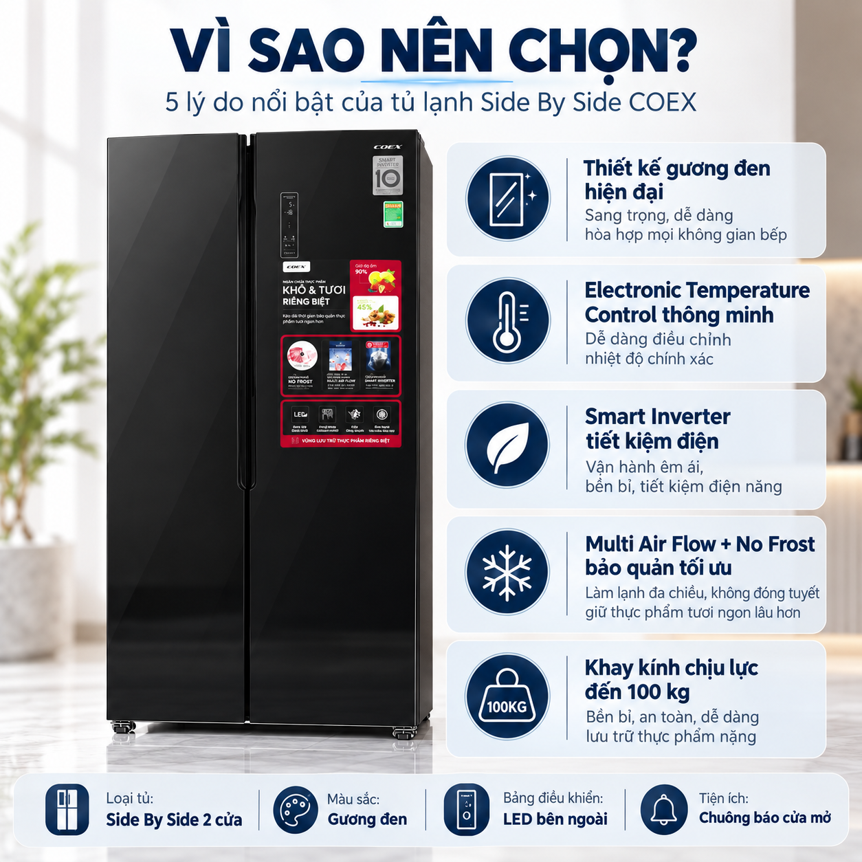Tủ lạnh Coex Inverter 442 lít Side By Side RS-4005MGB (Mặt Gương Đen)