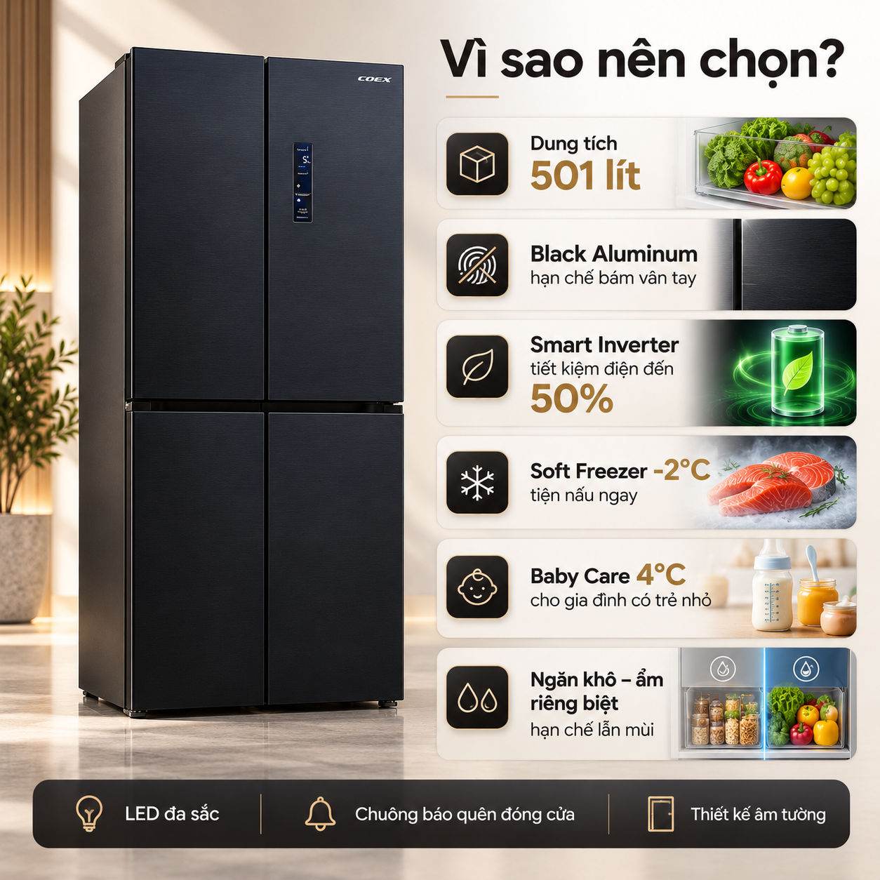 Tủ lạnh Coex Inverter 501 lít 4 cửa RM-4015MIB-SF (Đen Kim Loại - Đông mềm)