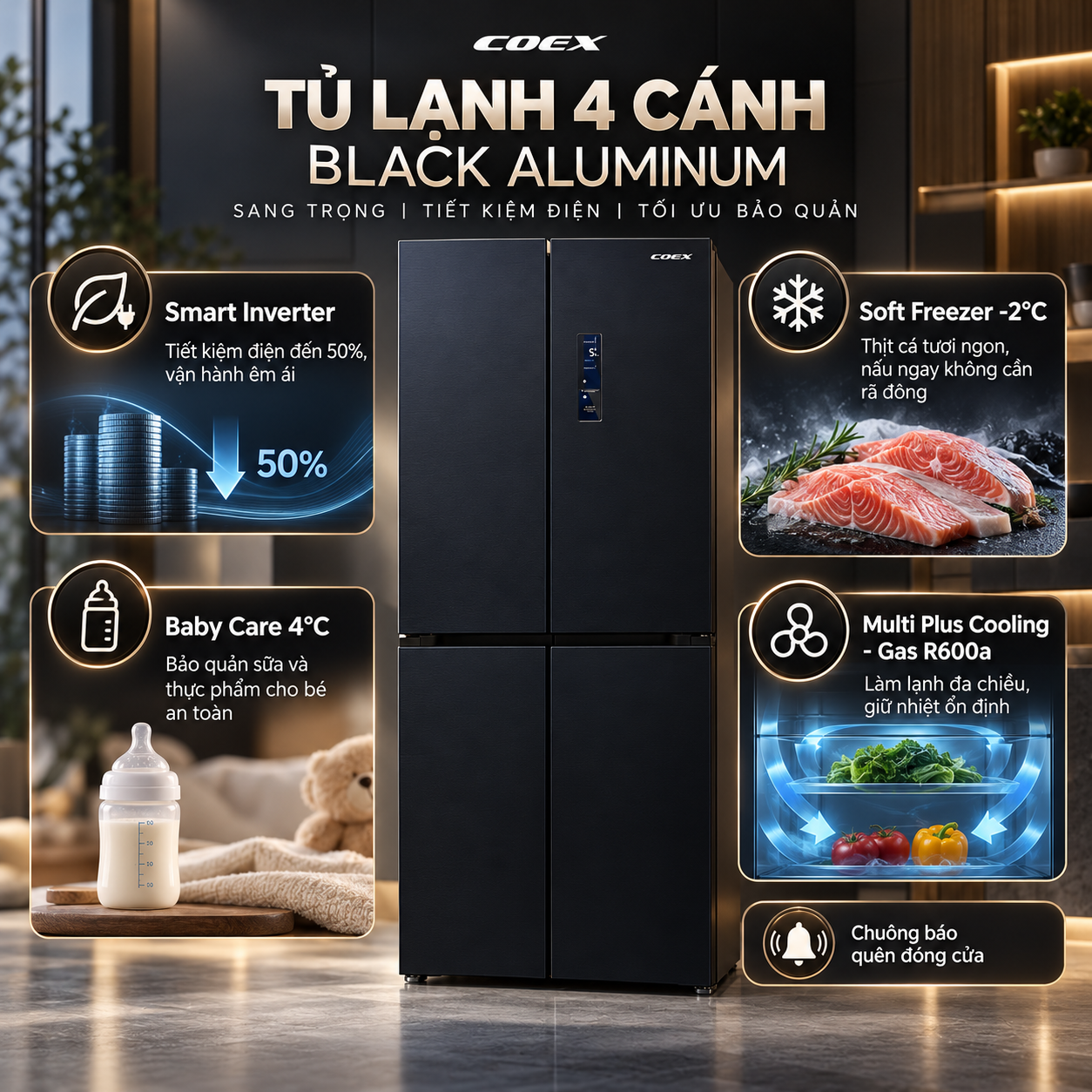 Tủ lạnh Coex Inverter 501 lít 4 cửa RM-4015MIB-SF (Đen Kim Loại - Đông mềm)