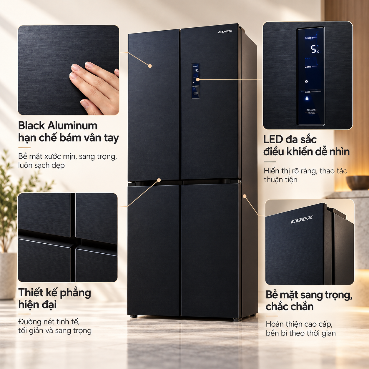 Tủ lạnh Coex Inverter 501 lít 4 cửa RM-4015MIB-SF (Đen Kim Loại - Đông mềm)