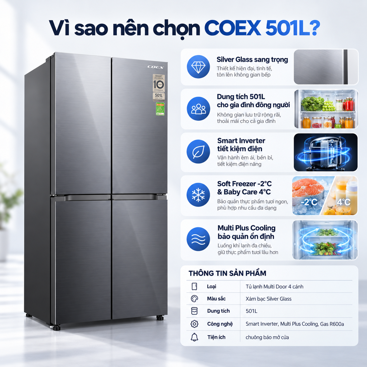 Tủ lạnh Coex Inverter 501 lít 4 cửa RM-4015MIG-SF (Silver Glass - Đông mềm)