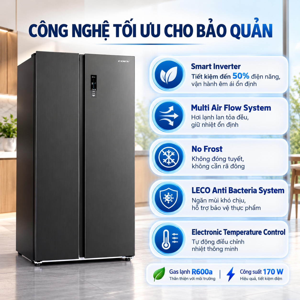 Tủ lạnh Coex Inverter 525 lít Side By Side RS-4006MIB (Ghi Xám)