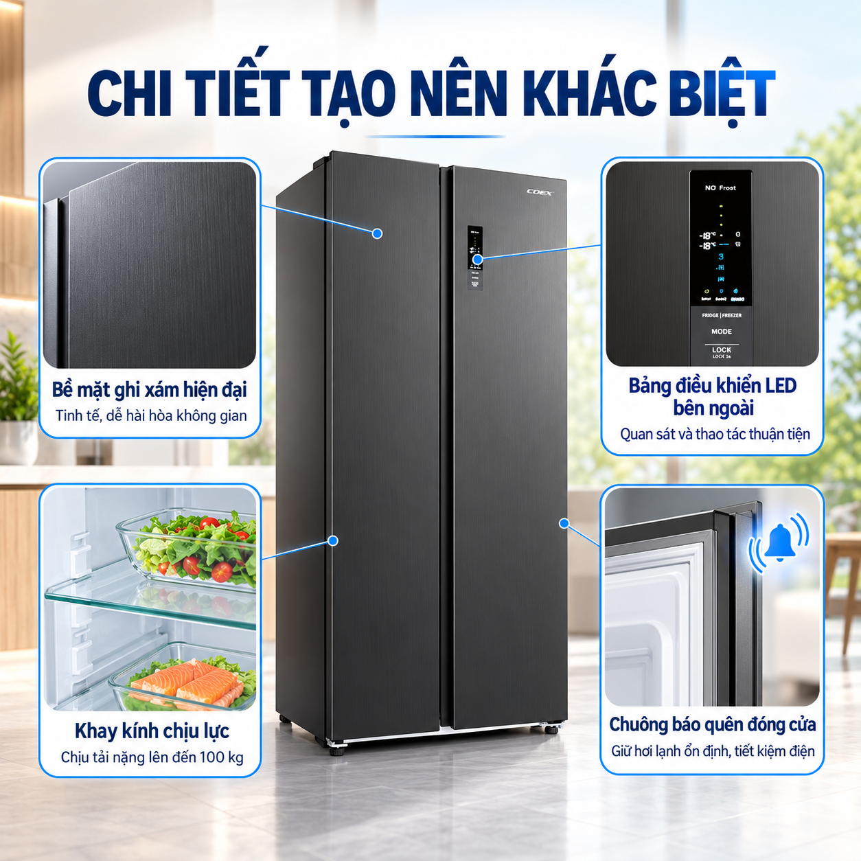 Tủ lạnh Coex Inverter 525 lít Side By Side RS-4006MIB (Ghi Xám)