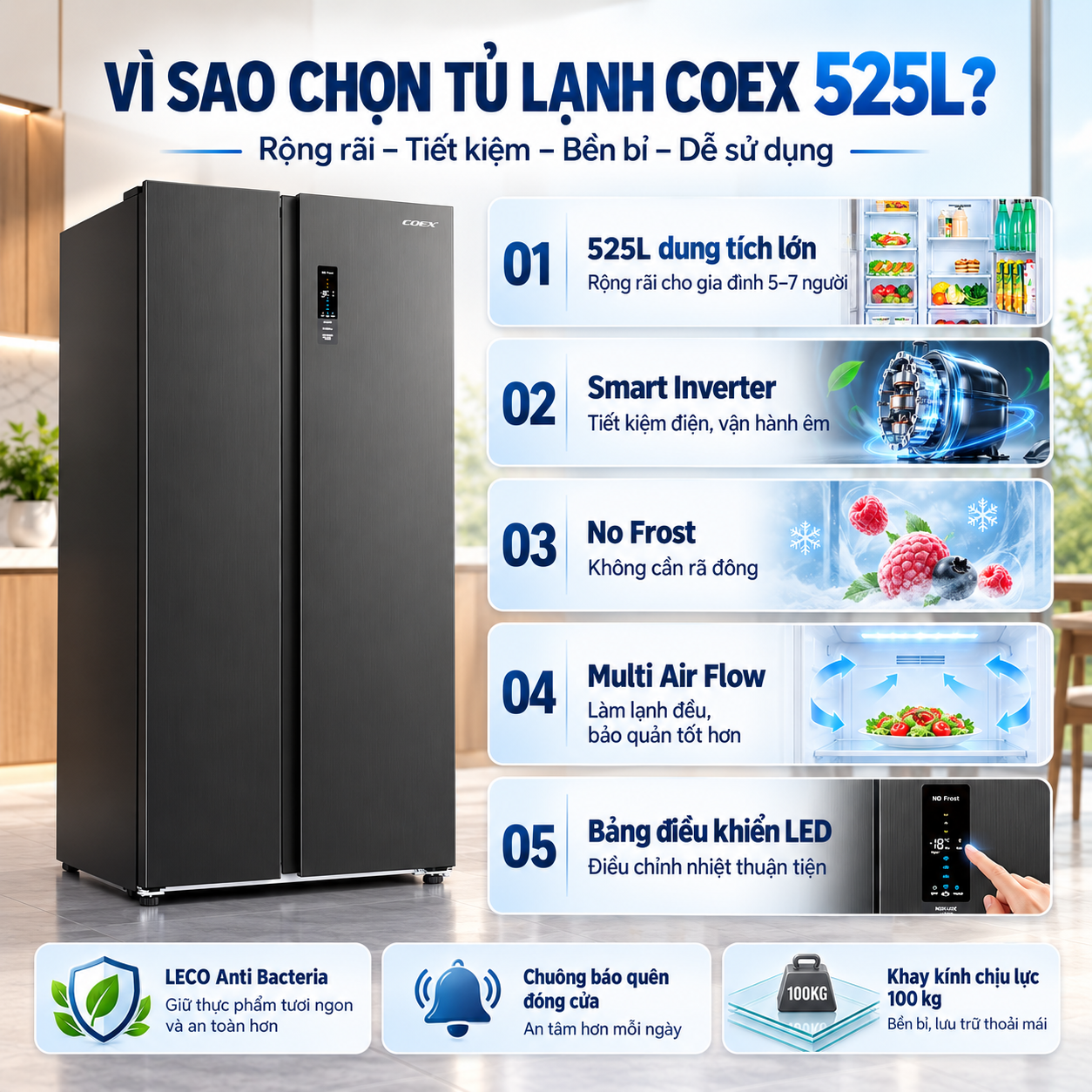 Tủ lạnh Coex Inverter 525 lít Side By Side RS-4006MIB (Ghi Xám)