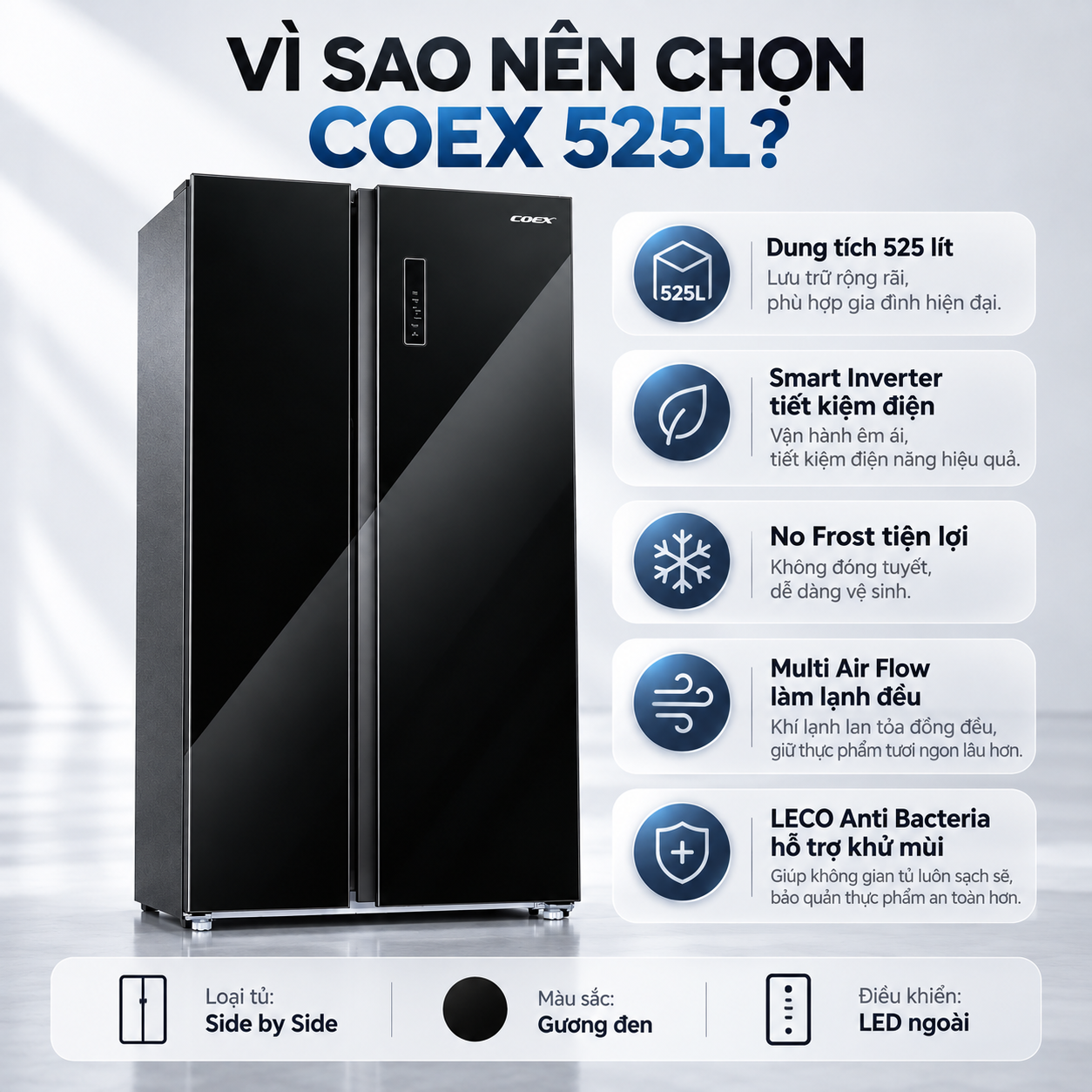 Tủ lạnh Coex Inverter 525 lít Side By Side RS-4008MGBB-BS (Mặt Gương Đen)