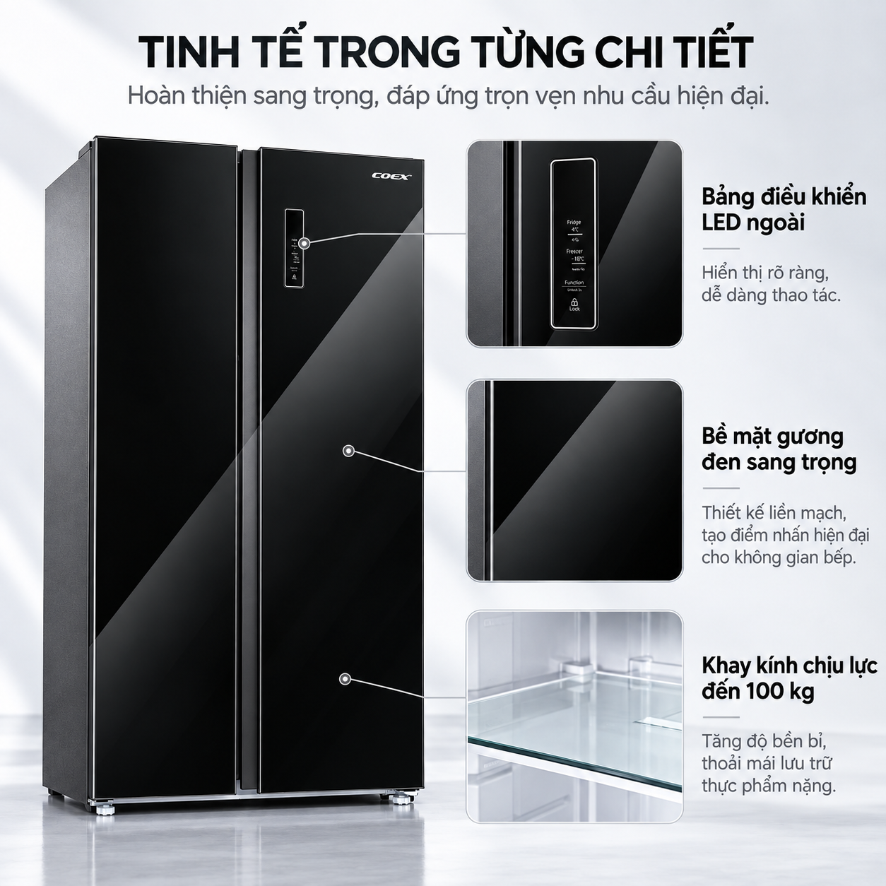Tủ lạnh Coex Inverter 525 lít Side By Side RS-4008MGBB-BS (Mặt Gương Đen)