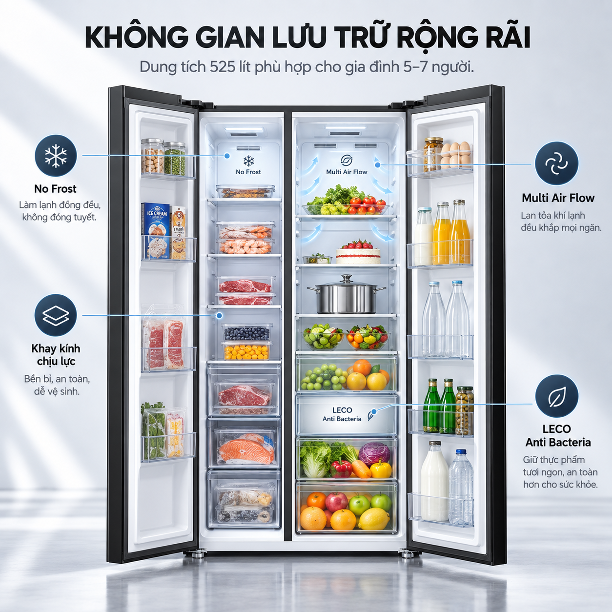 Tủ lạnh Coex Inverter 525 lít Side By Side RS-4008MGBB-BS (Mặt Gương Đen)
