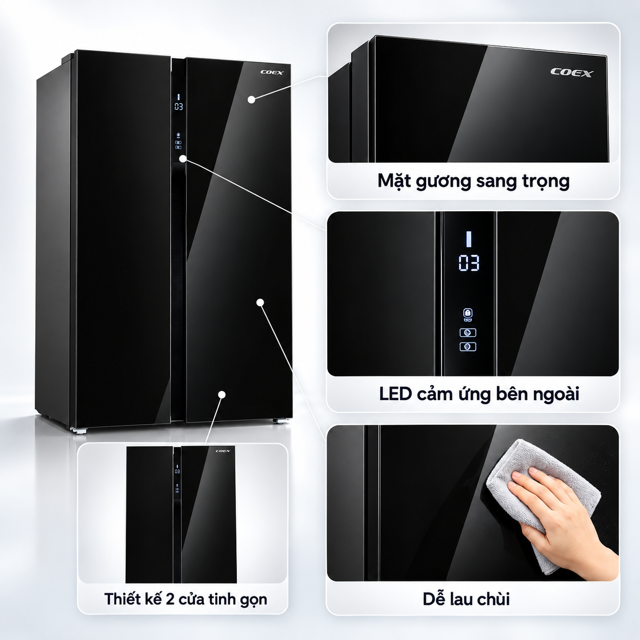 Tủ lạnh Coex Inverter 546 lít Side By Side RS-4001MSG (Mặt Gương Đen)