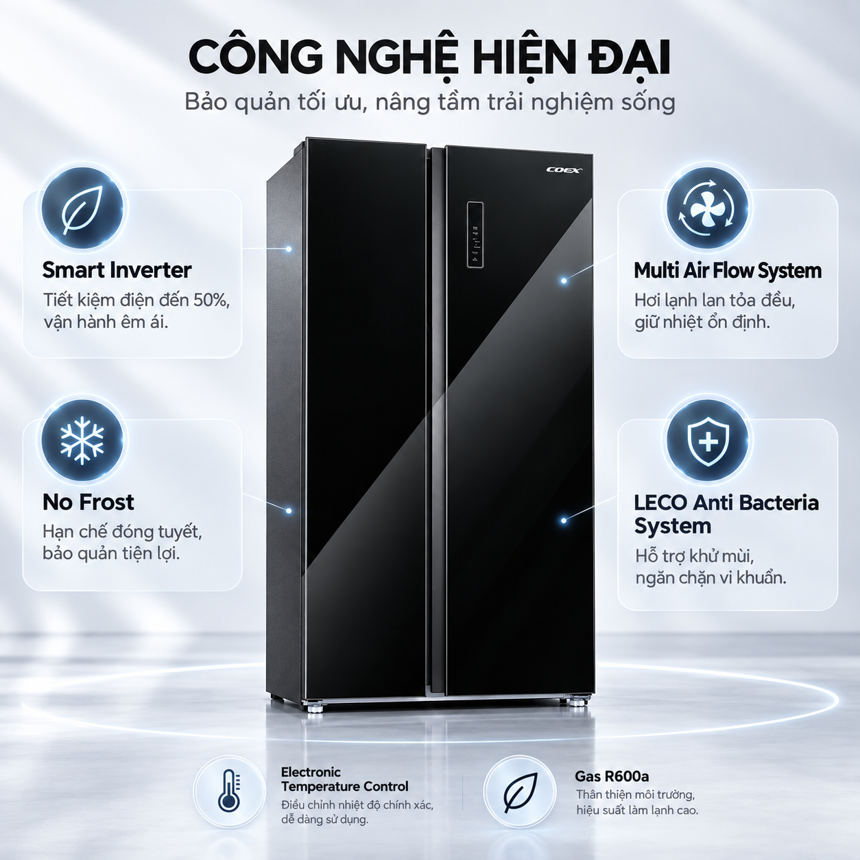 Tủ lạnh Coex Inverter 546 lít Side By Side RS-4001MSG (Mặt Gương Đen)