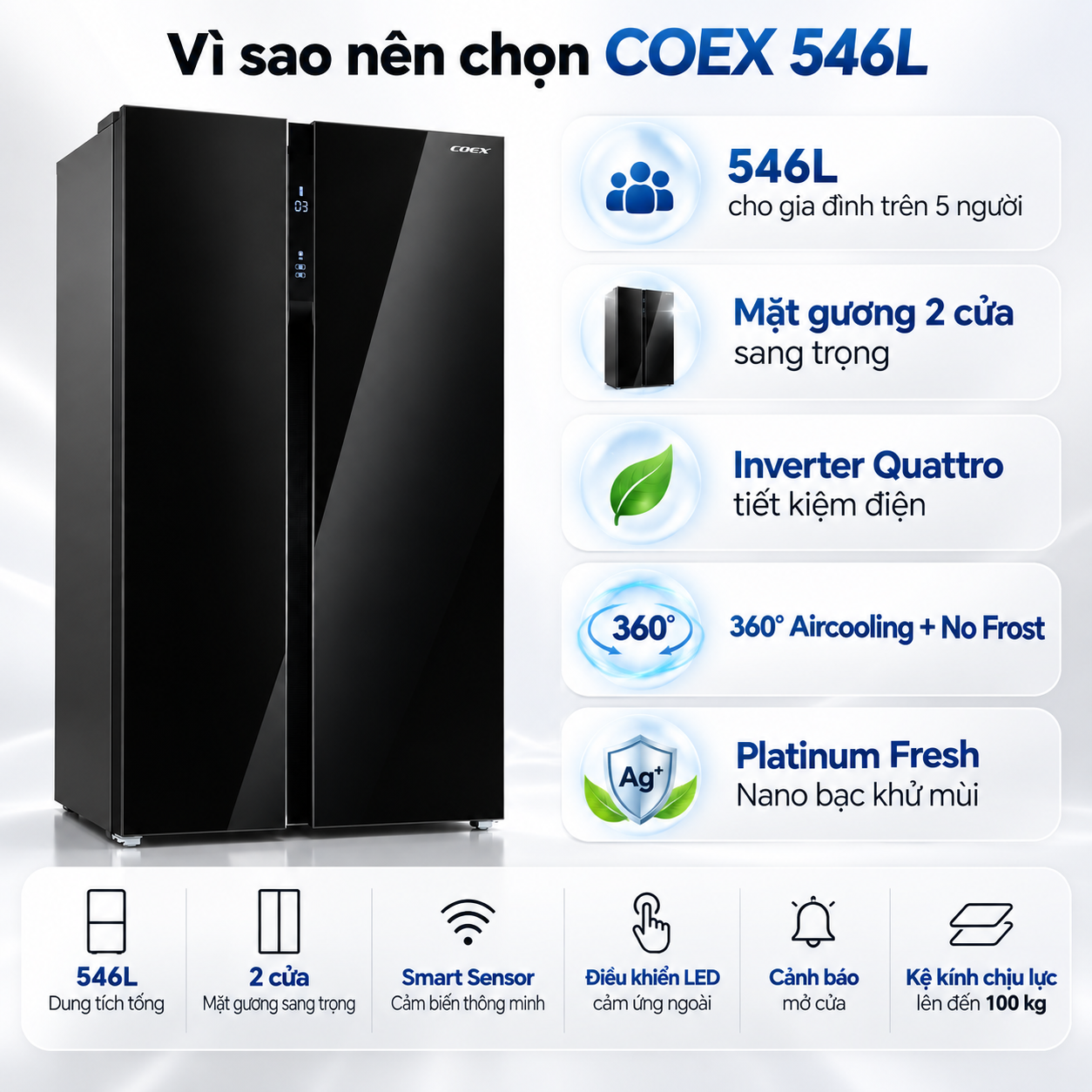 Tủ lạnh Coex Inverter 546 lít Side By Side RS-4001MSG (Mặt Gương Đen)