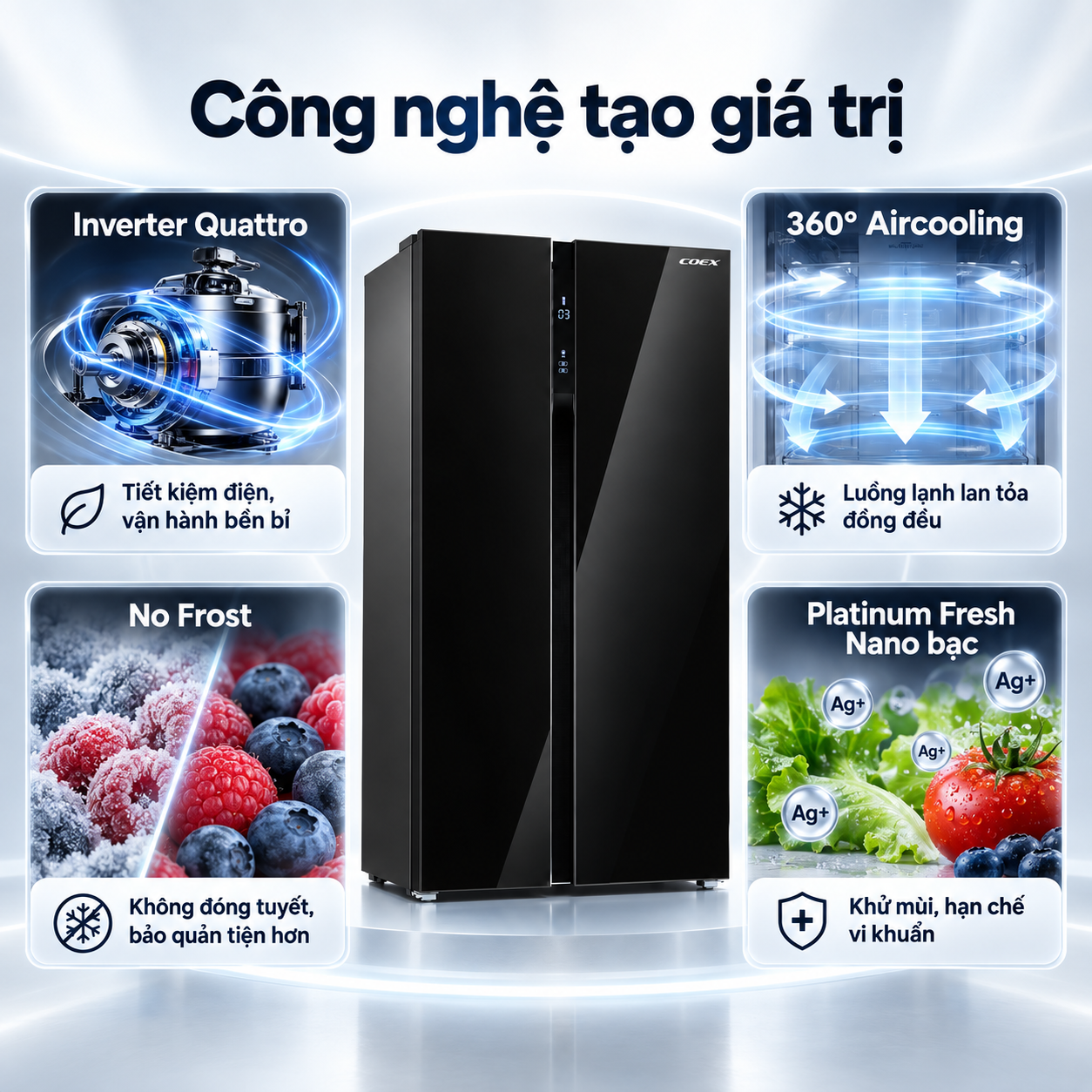 Tủ lạnh Coex Inverter 546 lít Side By Side RS-4001MSG (Mặt Gương Đen)