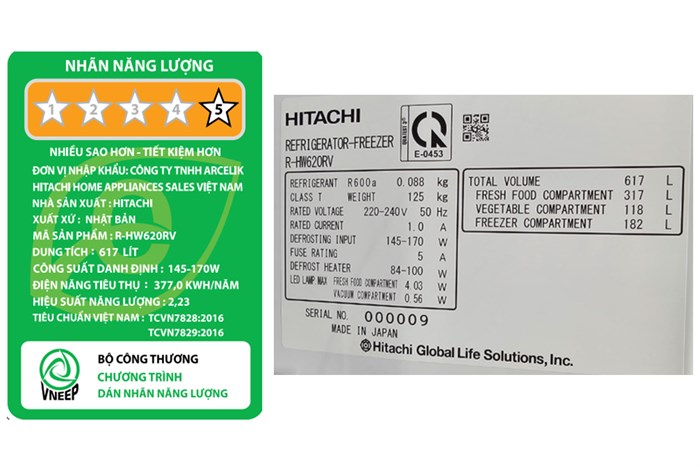 Tủ lạnh Hitachi 6 cửa Inverter 617 lít Multi Door R-HW620RV XK