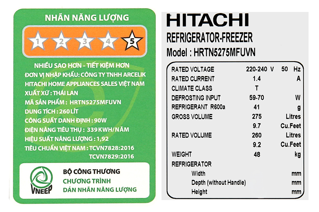 Tủ lạnh Hitachi Inverter 260 lít HRTN5275MFUVN