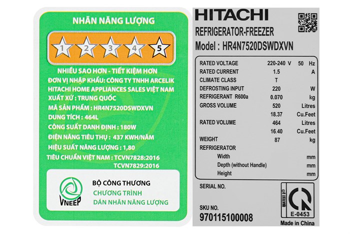 Tủ lạnh Hitachi Inverter 464 lít Multi Door 4 cửa HR4N7520DSWDXVN