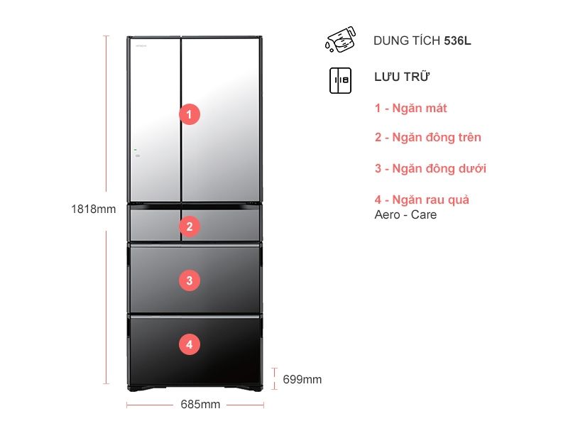Tủ lạnh 6 cửa 536L Hitachi G520GV(X) Inverter