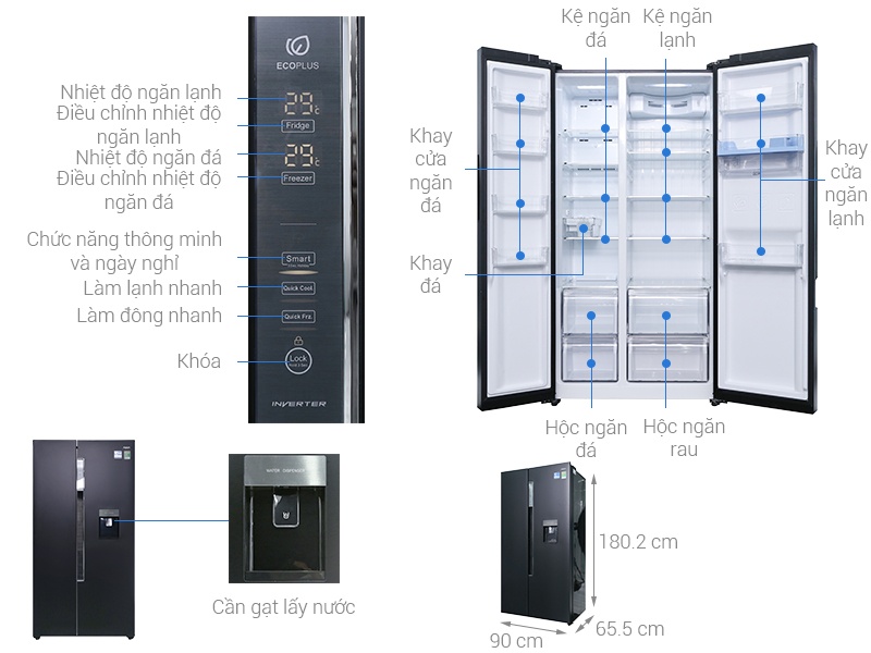 Tủ lạnh SBS Aqua AQR-I565AS/BS Inverter 557 Lít