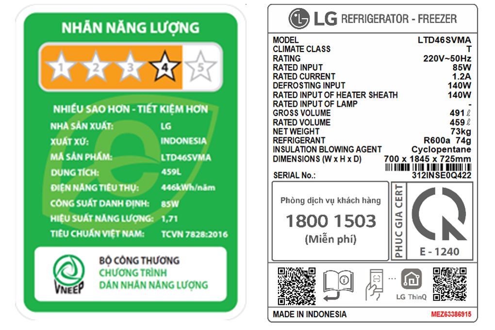 Tủ lạnh LG ngăn đá trên Smart Inverter™ 459L màu bạc LTD46SVMA