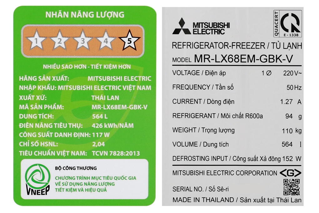 Tủ lạnh 4 cánh Mitsubishi Electric MR-LX68EM-GBK-V - 564L Inverter