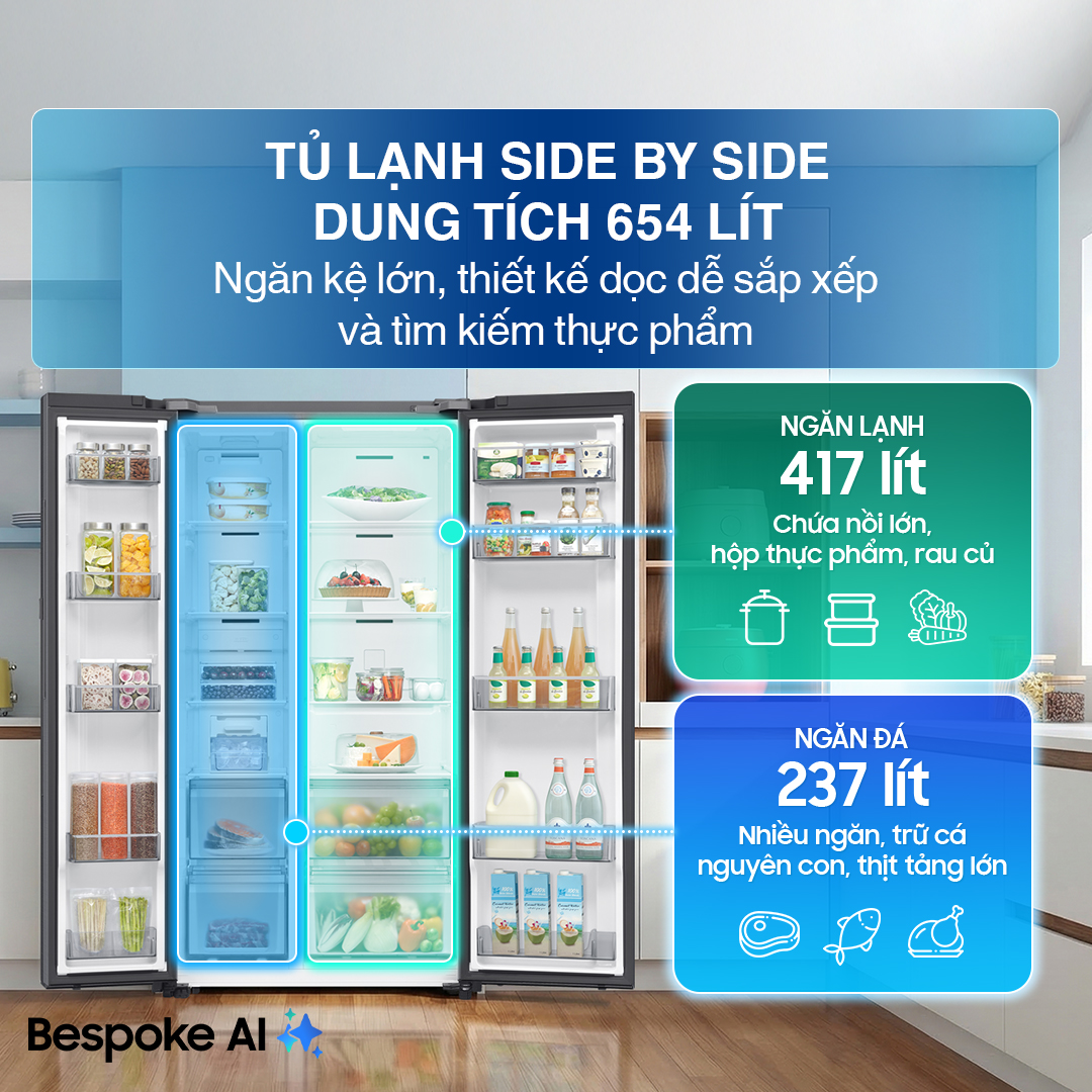 Tủ lạnh Samsung Inverter 655 Lít Side By Side RS70F65Q3TSV