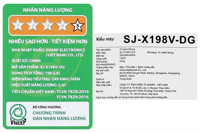 Tủ lạnh Sharp Inverter 181 lít SJ-X198V-DG