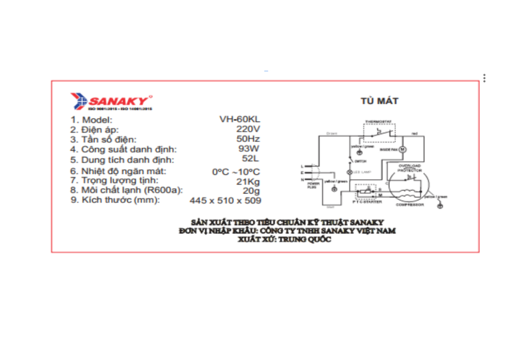 Tủ mát Mini Sanaky 52L VH-60KL