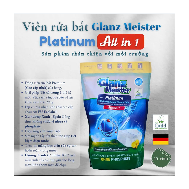 Viên rửa bát Eco Glanz Meister Platinum túi 45 viên