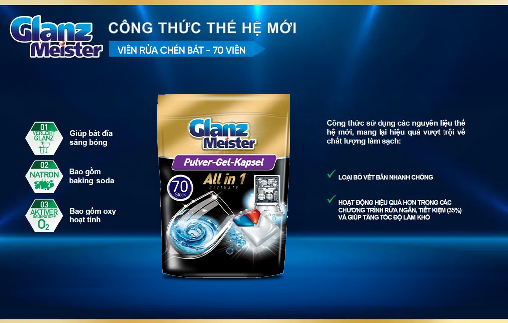 Viên rửa bát Glanz Meister All in One Ultimate túi 70 viên