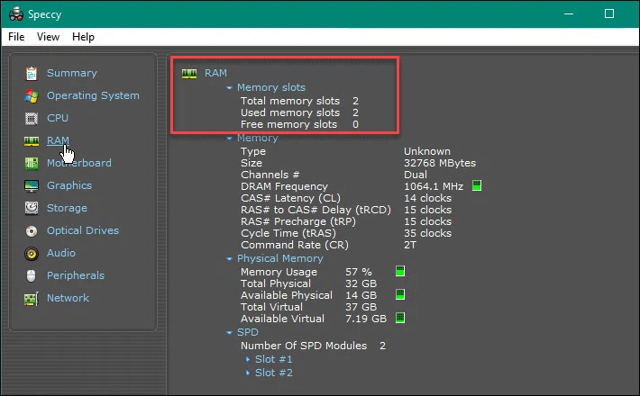 Dùng speccy để tìm số lượng khe cắm có sẵn