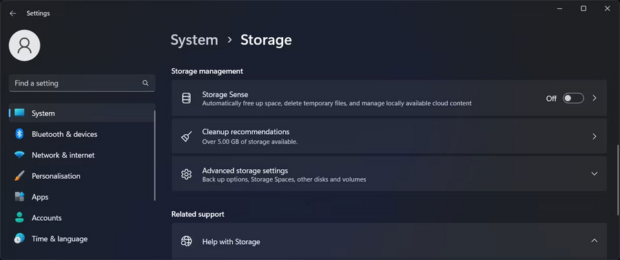 Thiết lập cài đặt Storage Sense