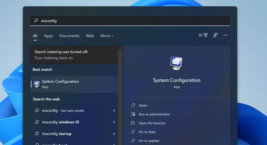 Dùng Windows Search để mở MSConfig