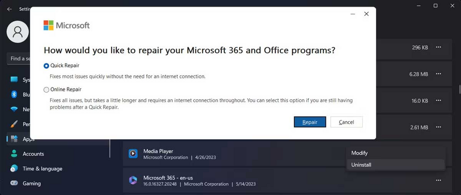 Sửa chữa Microsoft 365