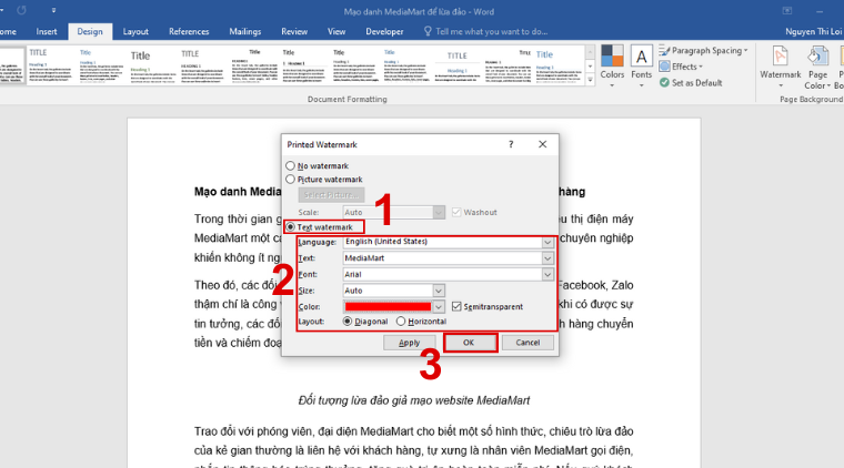 Cách chèn watermark trong Word dạng chữ