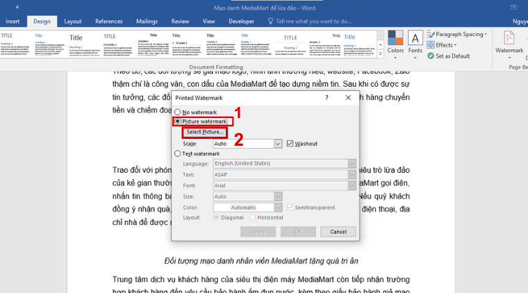 Cách chèn watermark trong Word dạng logo, hình ảnh