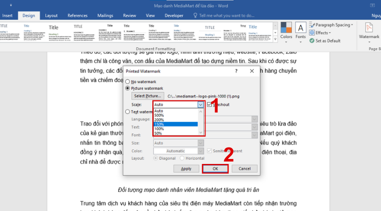 Cách chèn watermark trong Word dạng logo, hình ảnh