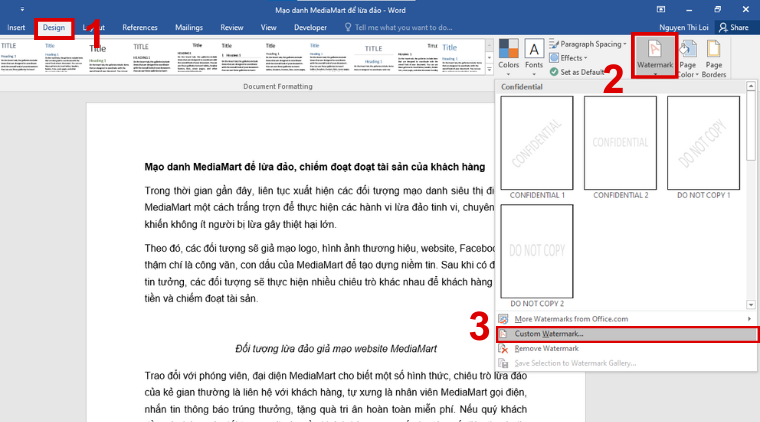 Cách chèn watermark trong Word dạng logo, hình ảnh