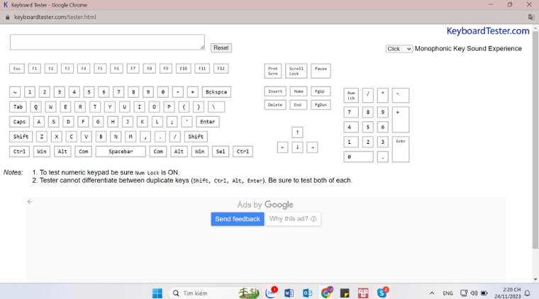 Cách test bàn phím laptop qua website