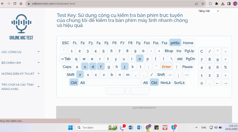 Cách test bàn phím laptop qua website