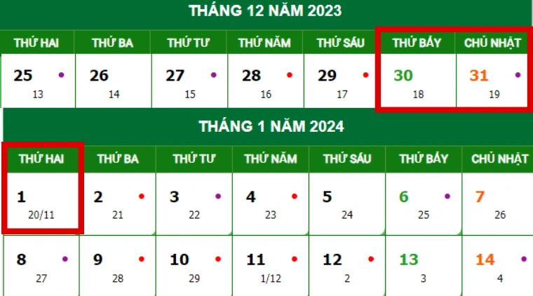 Lịch nghỉ Tết Dương lịch 2024