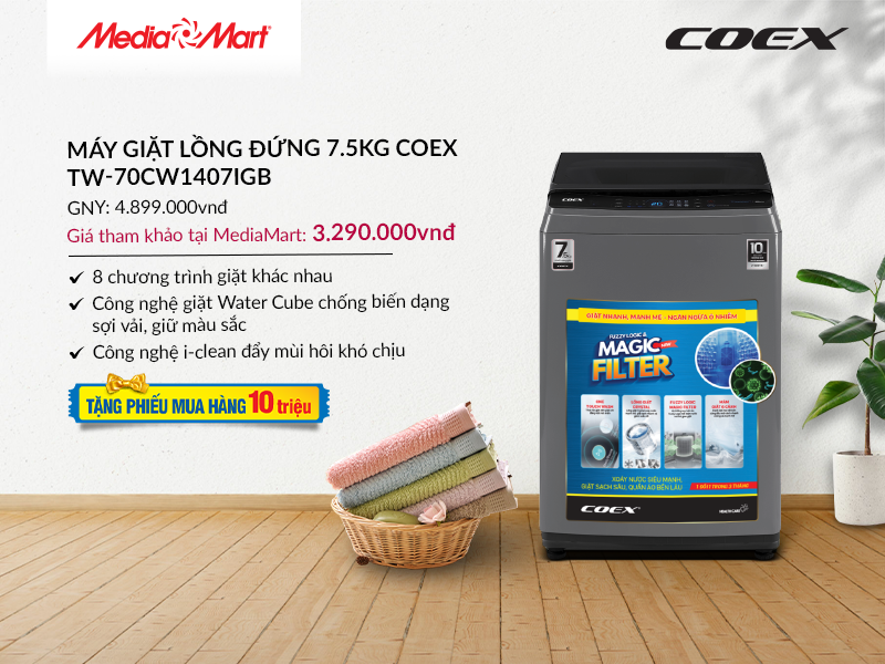 Máy giặt lồng đứng Coex 7,5kg TW-70CW1407IGB
